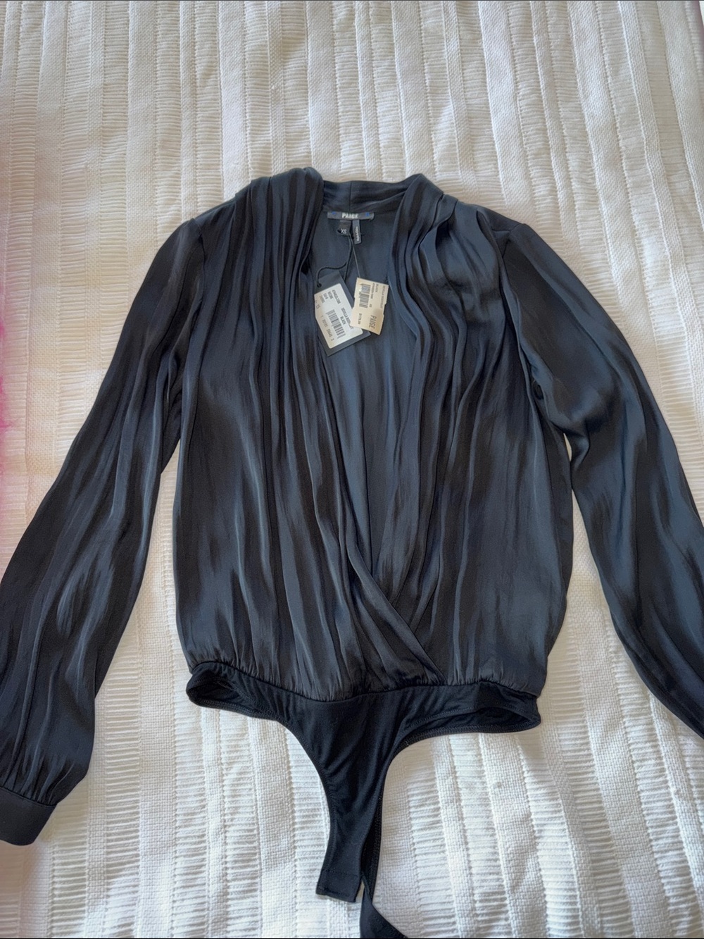 Parker Black Long-Sleeve Draped V-Neck Satin Bodysuit